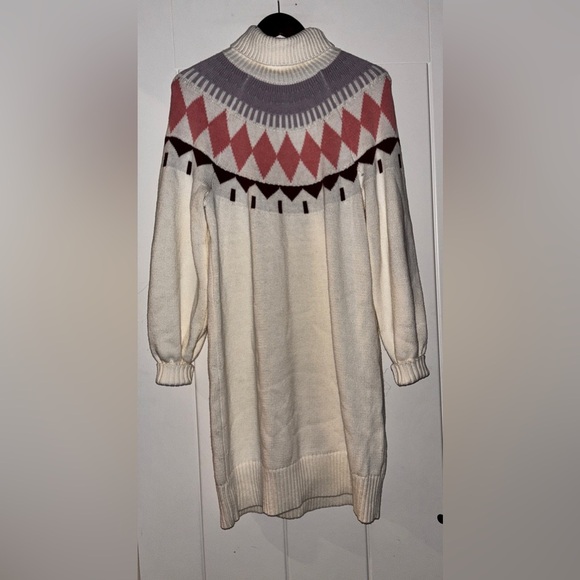 Free Assembly | Egret Ivory Fair Isle Sweater‎ Mini Dress Women L Winter Cozy - Picture 2 of 11